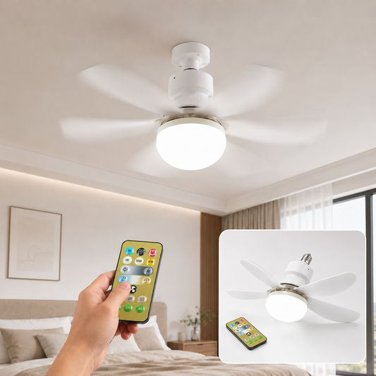 A hand holds a remote control, with a white ceiling fan and light fixture in the background, and an inset of the fan and