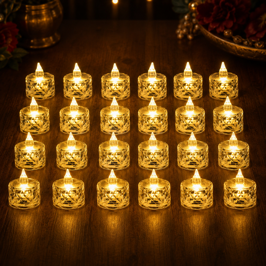 Twenty-four clear acrylic flameless LED tealight candles with warm yellow light arranged on a dark wooden surface.