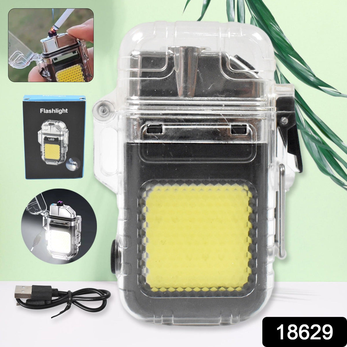 A clear waterproof electric lighter and flashlight with a yellow COB light, against a green and white background with a