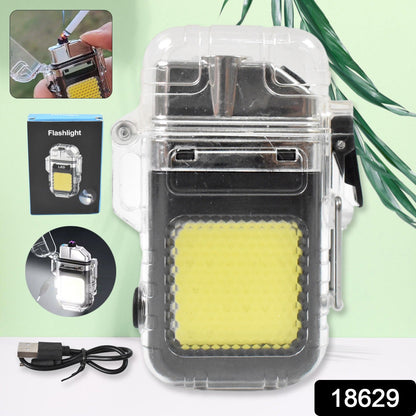 A clear waterproof electric lighter and flashlight with a yellow COB light, against a green and white background with a