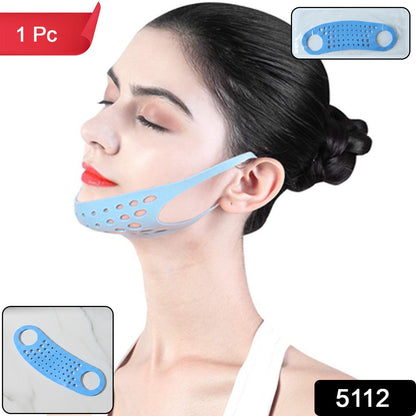 A woman wears a blue silicone chin and ear strap, with insets showing the product unpackaged and packaged.