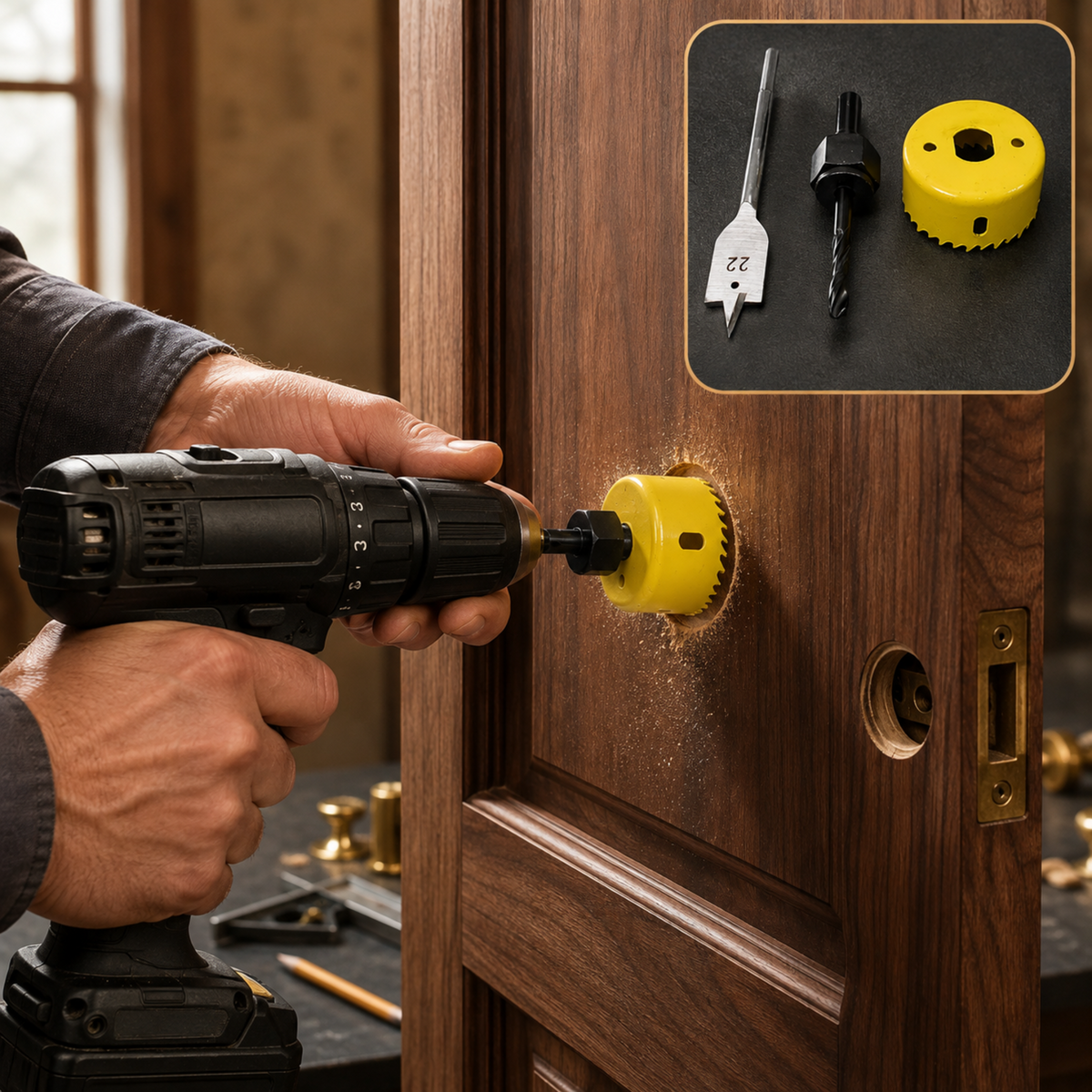 A person uses a black drill with a yellow hole saw attachment to drill a hole in a wooden door.