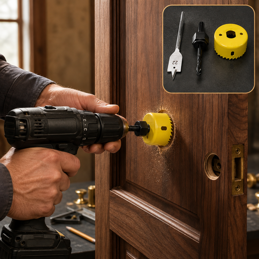 A person uses a black drill with a yellow hole saw attachment to drill a hole in a wooden door.