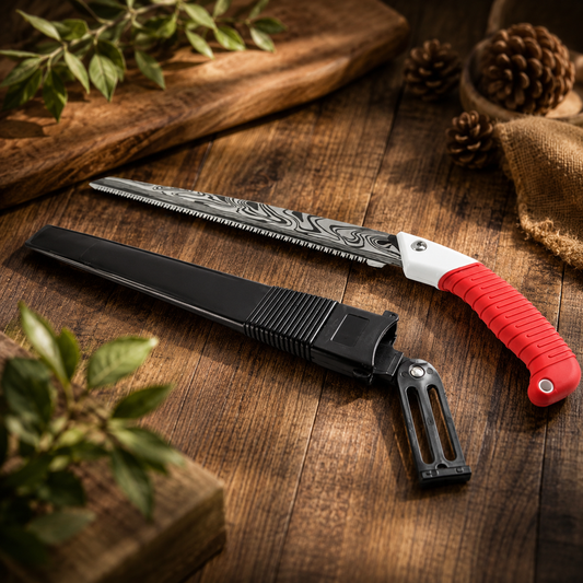 A hand pruning saw with a red handle and a black sheath lying on a rustic wooden surface with pinecones and leaves.