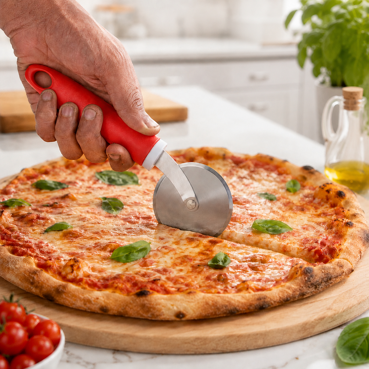 A hand holds a red-handled pizza cutter, slicing a cheese and basil pizza on a wooden board.