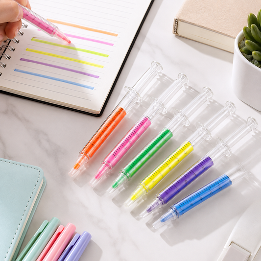 A hand highlights lines in a notebook with a pink syringe highlighter, with six other highlighters nearby.