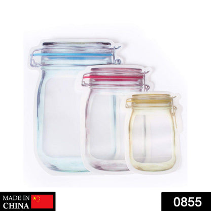 Three empty jar-shaped stand-up pouches in blue, red, and yellow, with a 'Made in China' label.