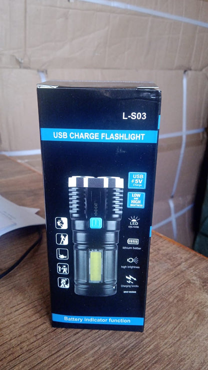 Black product box for a USB charge flashlight, model L-S03, with features listed and an image of the flashlight.