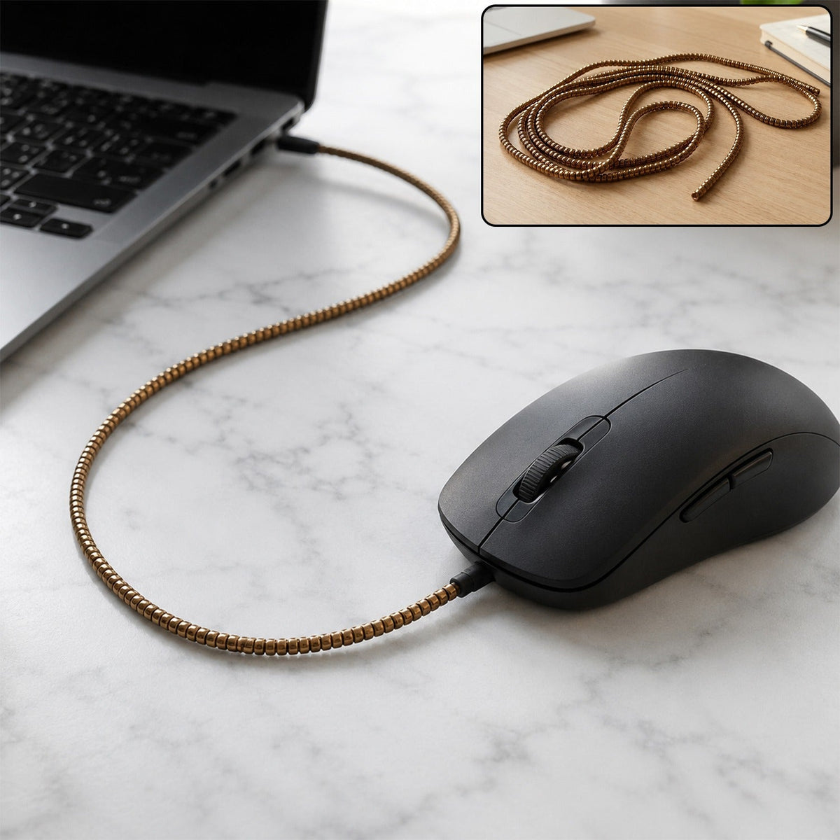 A black mouse connected to a laptop via a gold spiral cable protector, with an inset showing the coiled protector.