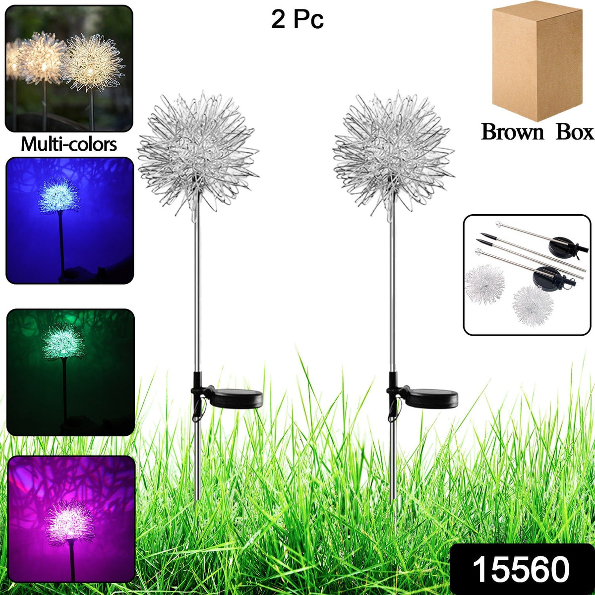 Two silver dandelion solar lights on stakes in grass, with insets showing multicolor options and packaging details.