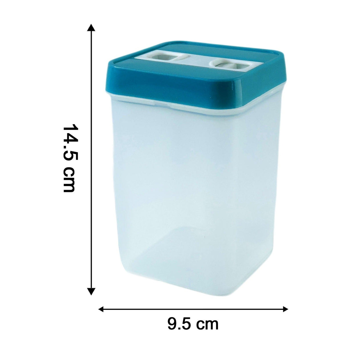 Empty clear plastic food storage container with teal lid on white background, showing dimensions 14.5 cm height and 9.5 cm