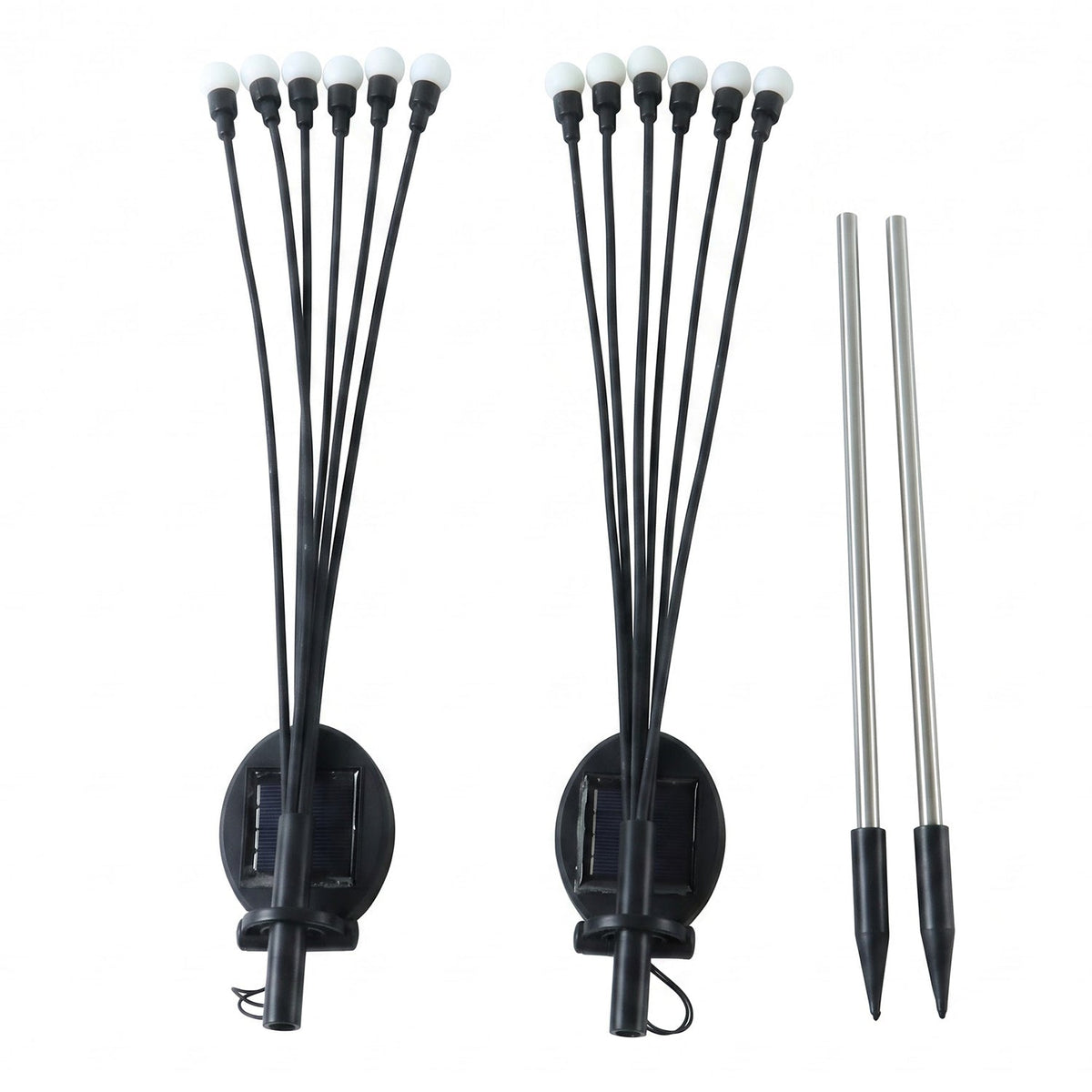 Two solar firefly light units with black stems and white bulbs, along with two silver stakes, on a white background.