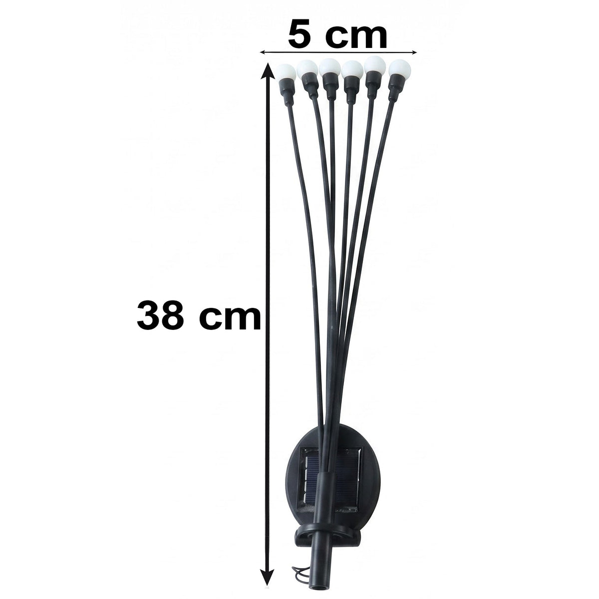 A single solar firefly light unit with black stems and white bulbs, showing dimensions of 38 cm and 5 cm.