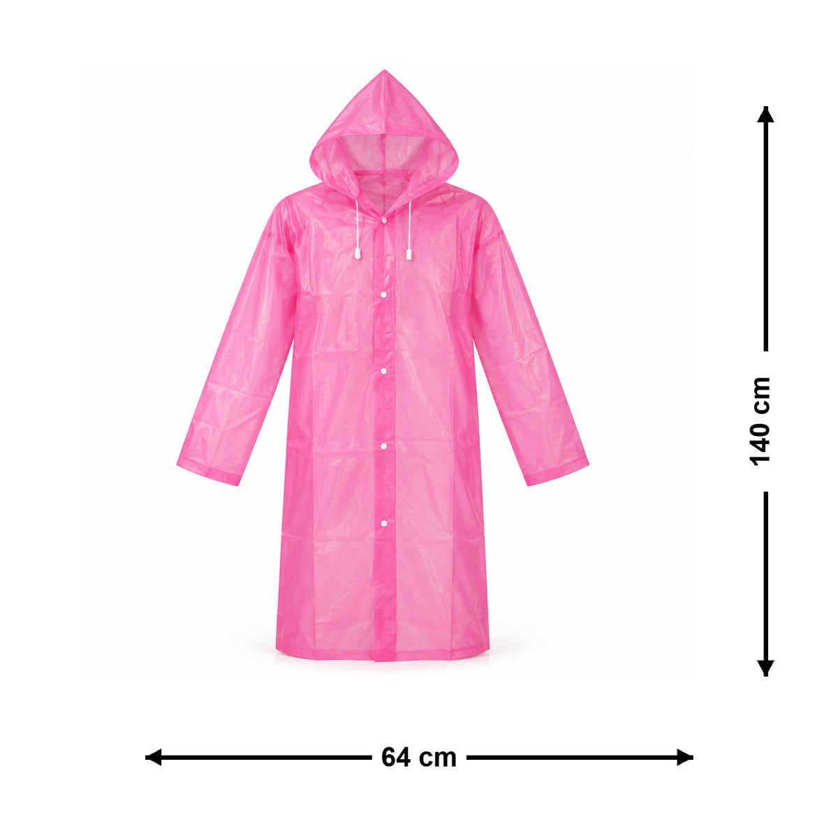 A pink translucent rain coat with a hood and white snap buttons is shown with dimensions of 140 cm length and 64 cm width.
