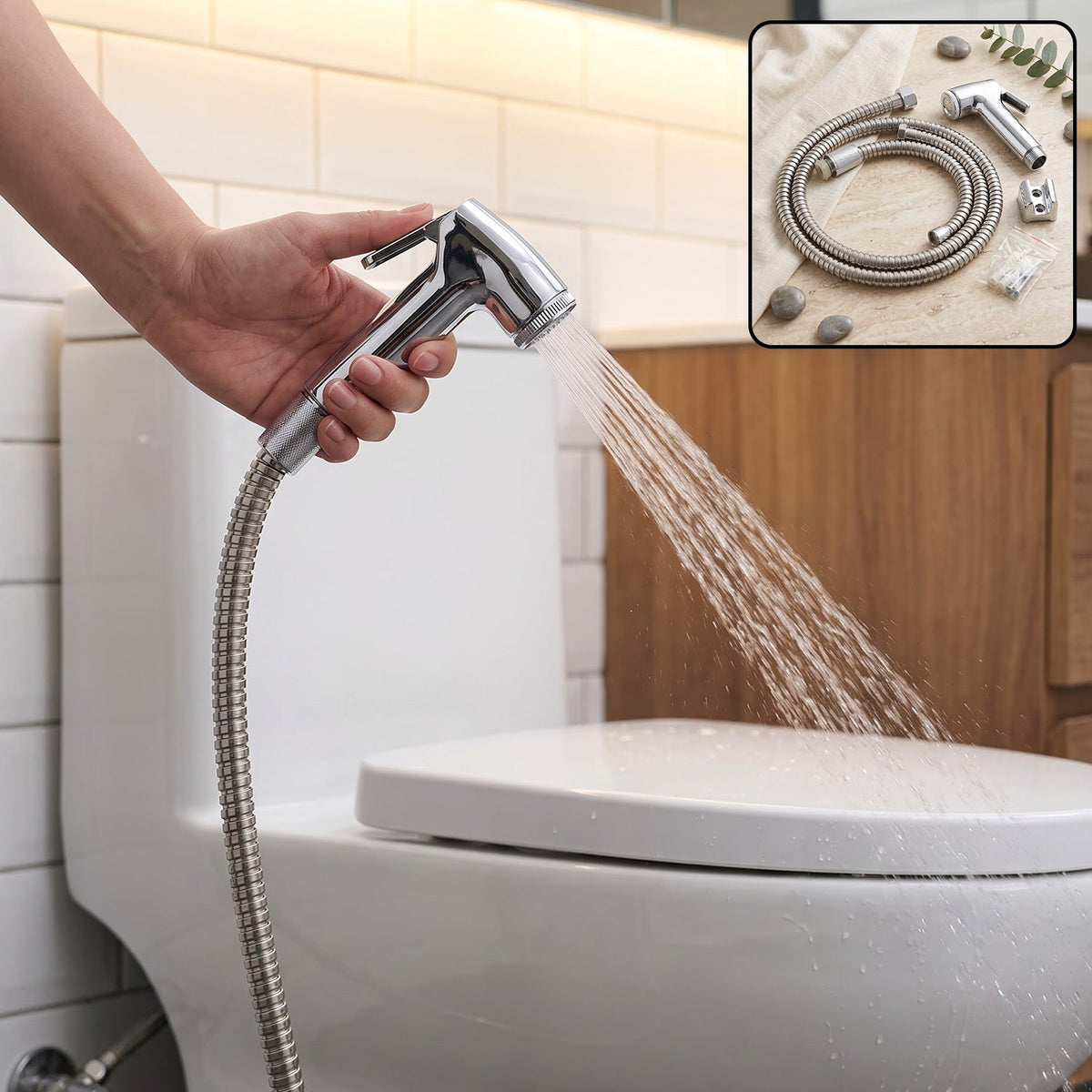 A hand holds a chrome bidet sprayer, spraying water towards a white toilet in a tiled bathroom.