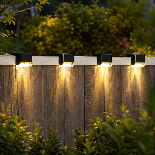Four black solar lights illuminate a wooden fence and green bushes at night.