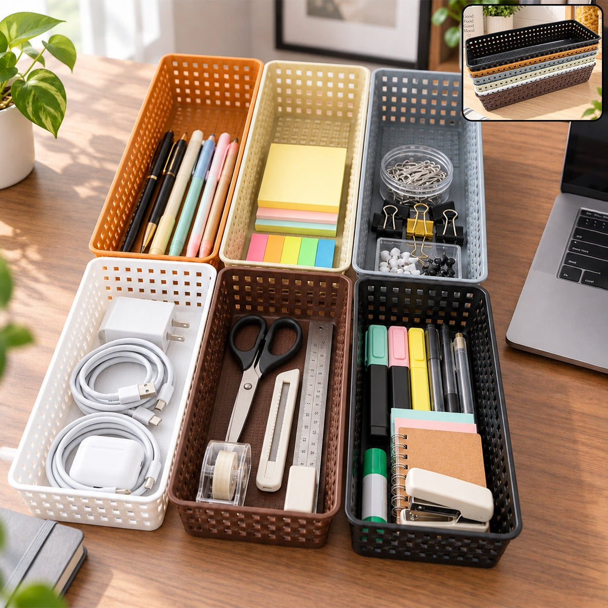 Six rectangular plastic baskets in various colors filled with office supplies on a wooden desk.