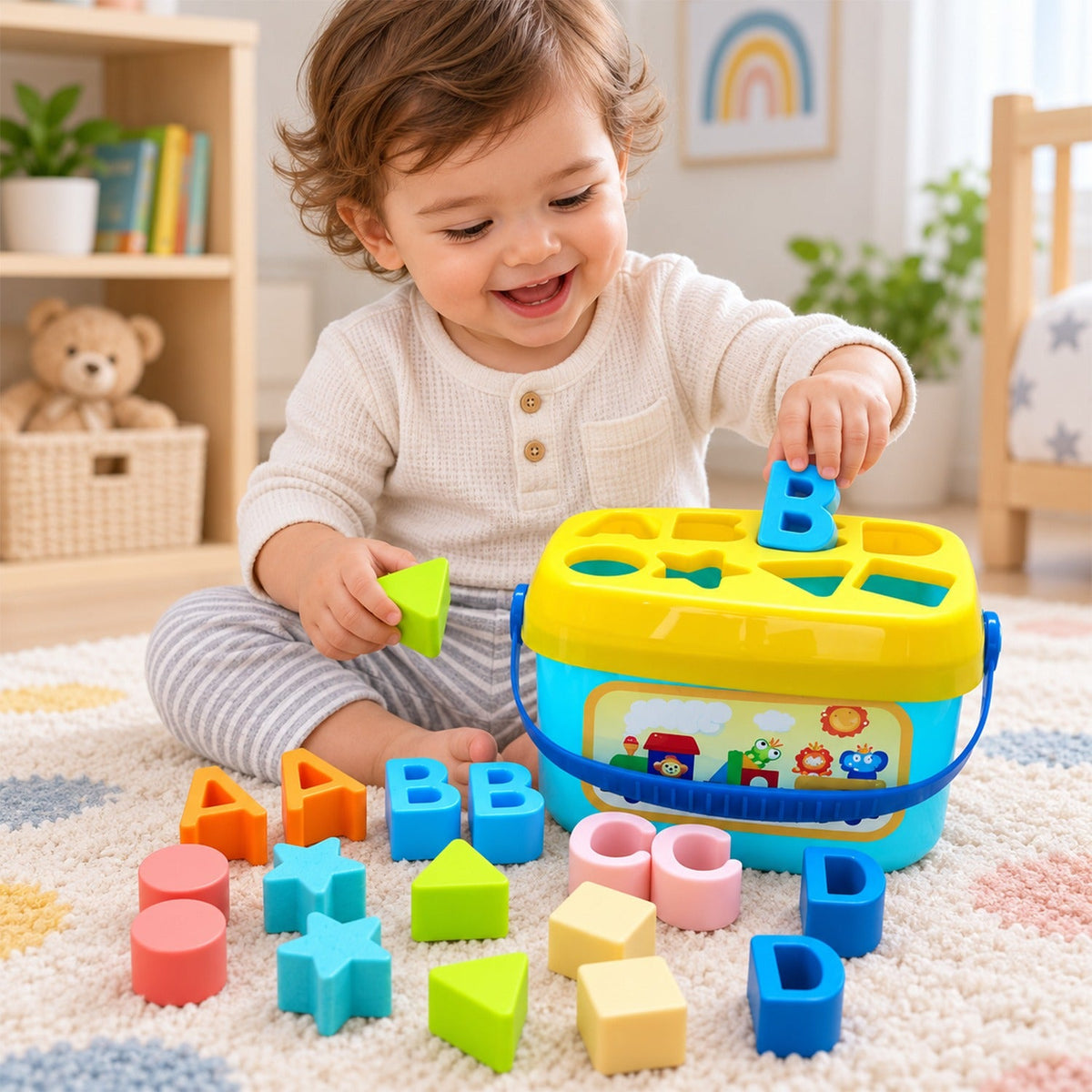 A smiling baby plays with a blue and yellow shape sorter bucket and colorful alphabet and geometric blocks on a patterned