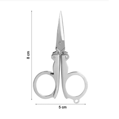 An open silver folding scissor is shown with its dimensions, 8 cm in length and 5 cm in width, on a white background.