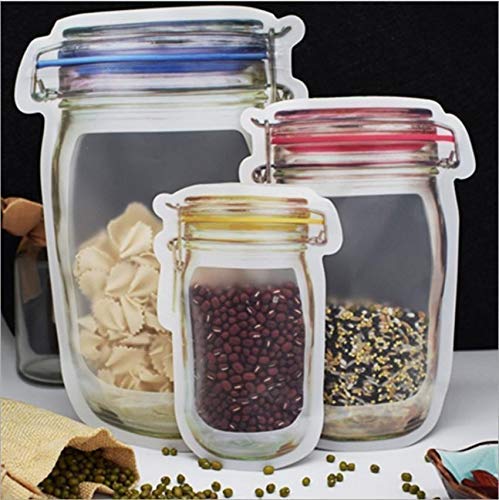 Three jar-shaped stand-up pouches filled with pasta, red beans, and mixed seeds on a kitchen counter.