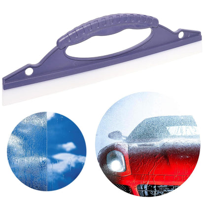 A purple squeegee above two circular insets: one showing a window with rain, the other a red car being washed.