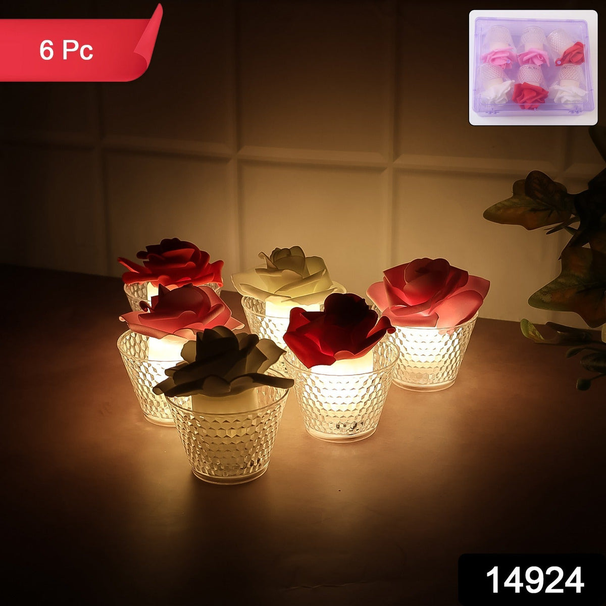 Six glowing rose-shaped LED candles in clear textured holders, with a small inset showing the candles in their packaging.