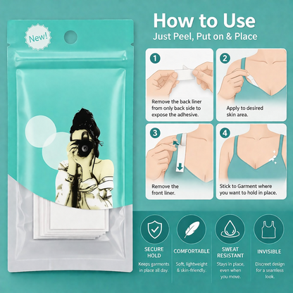 Double sided clothing tape strips on transparent sheet ensuring invisible adhesion