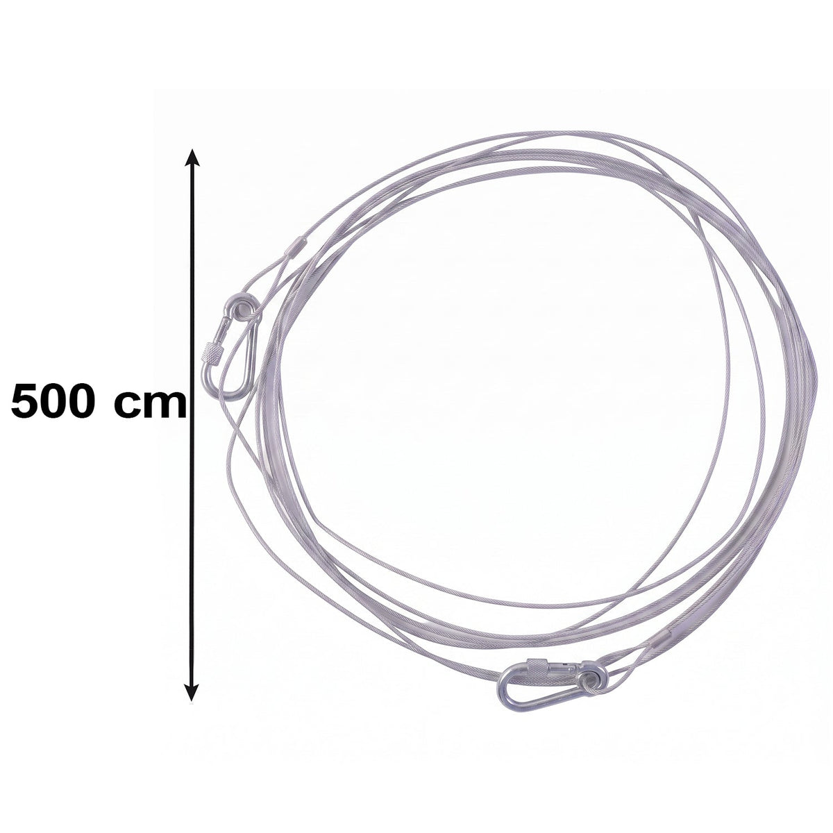 A silver stainless steel wire rope with two carabiner hooks is shown with a 500 cm measurement indicator.