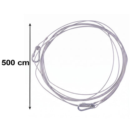 A silver stainless steel wire rope with two carabiner hooks is shown with a 500 cm measurement indicator.