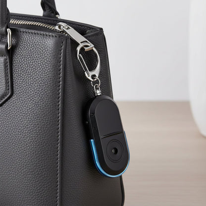 A hand holds a black and blue personal safety alarm keychain with a silver keyring.