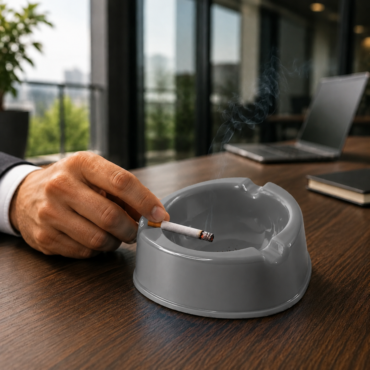 A person's hand holding a lit cigarette over a grey plastic ashtray on a wooden desk.