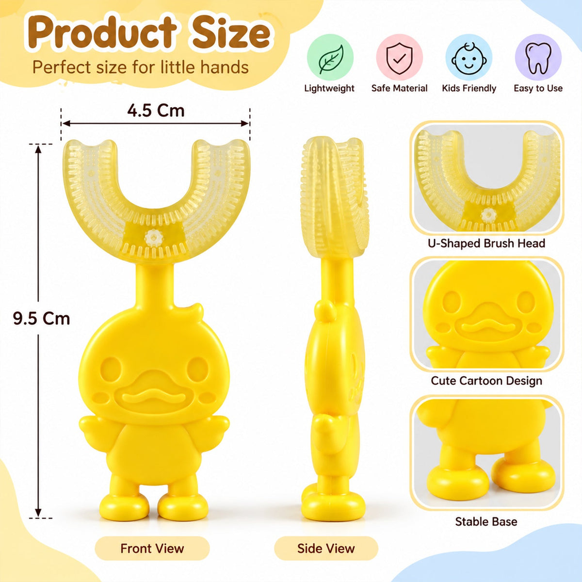 An infographic displays front and side views of the yellow duck toothbrush with dimensions and features.