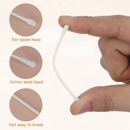 A hand holding a flexible white cotton swab, with insets showing close-ups of the ear spoon head, cotton swab head, and the