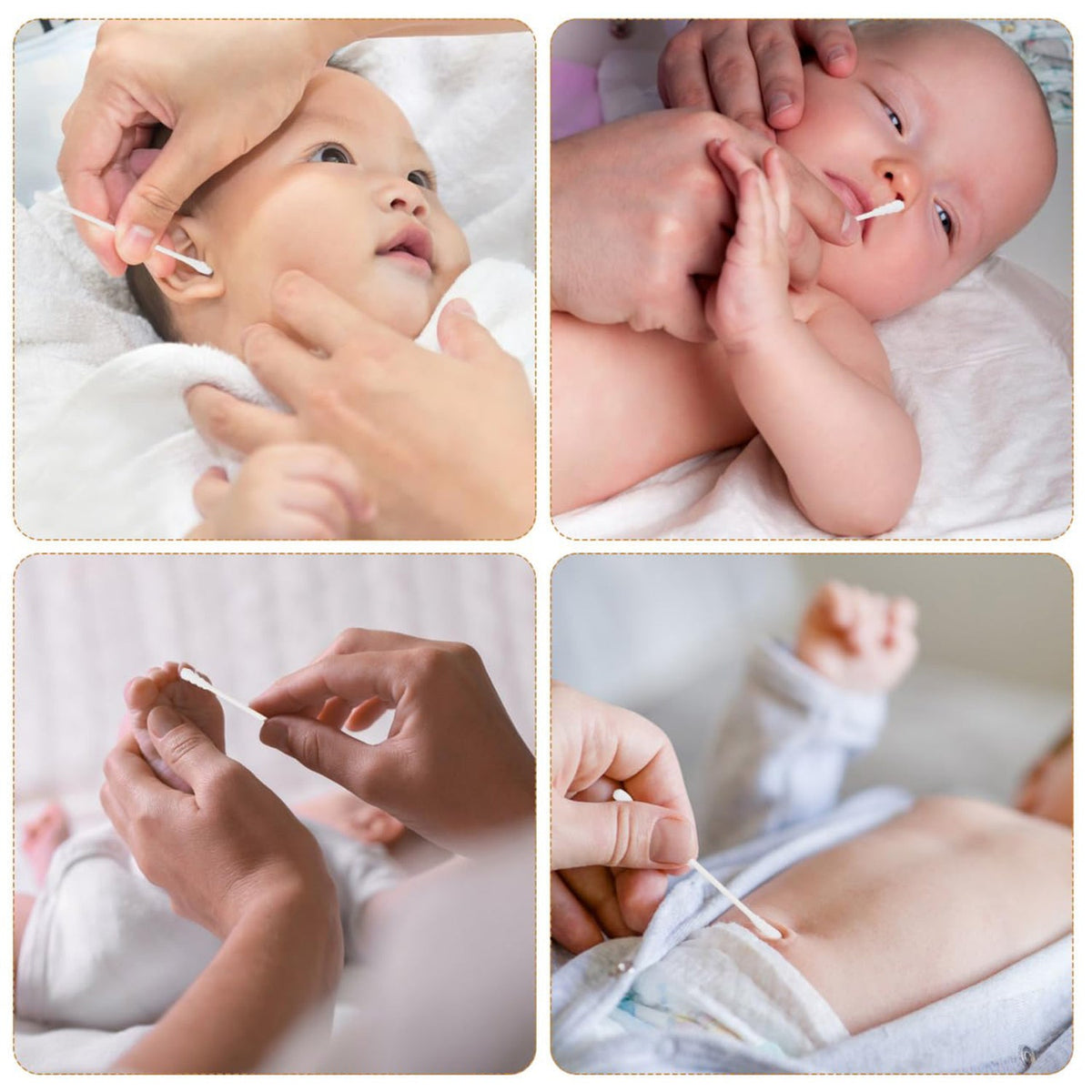 A four-panel image showing hands using cotton swabs to clean a baby's ear, nose, toes, and belly button.