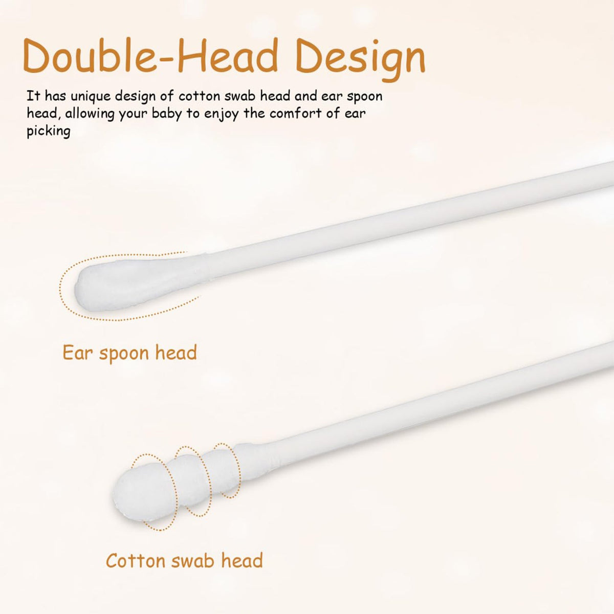 A close-up of two white cotton swabs, one with an ear spoon head and the other with a cotton swab head, detailing their