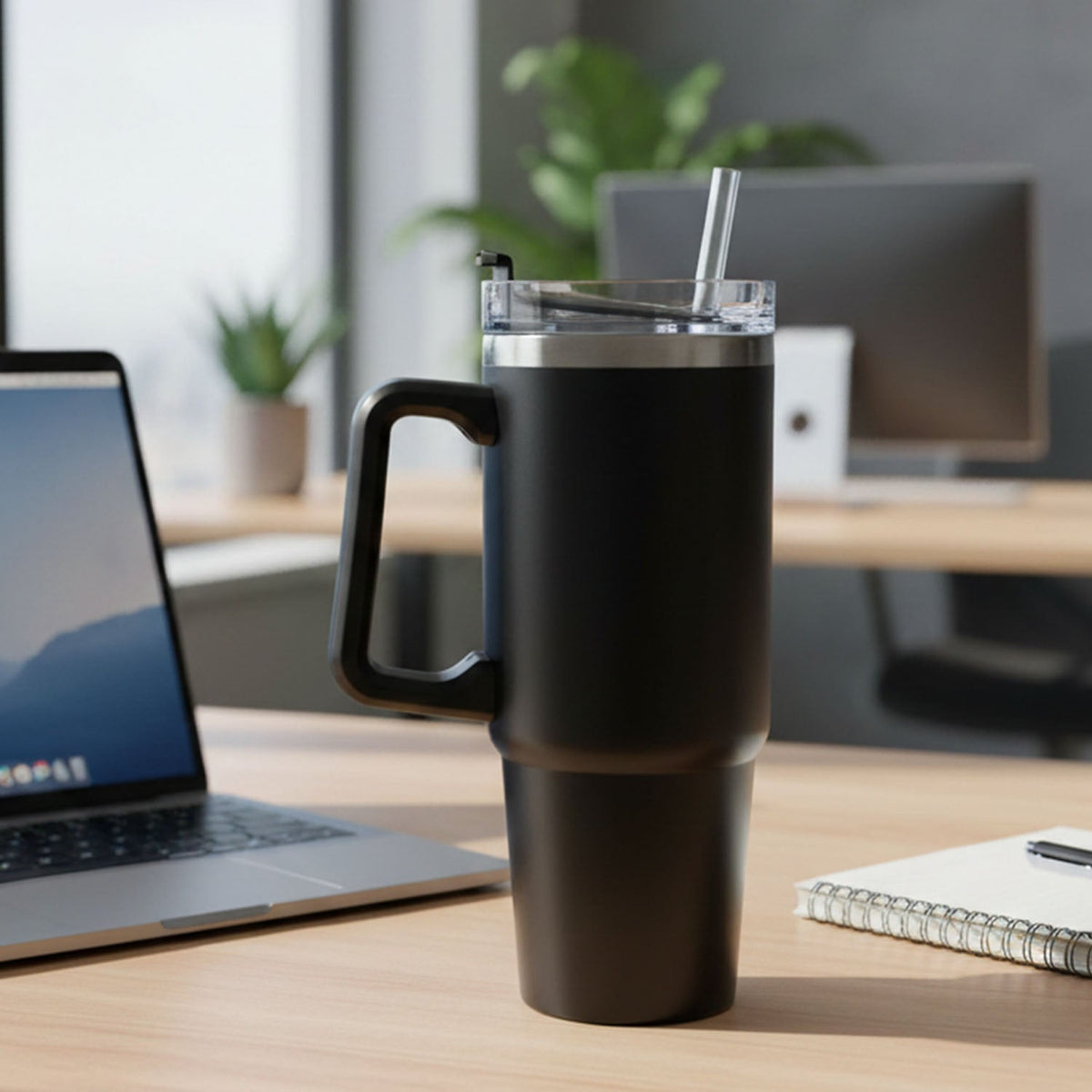 Black insulated travel mug with handle, lid, and straw on a wooden desk next to a laptop and notebook.