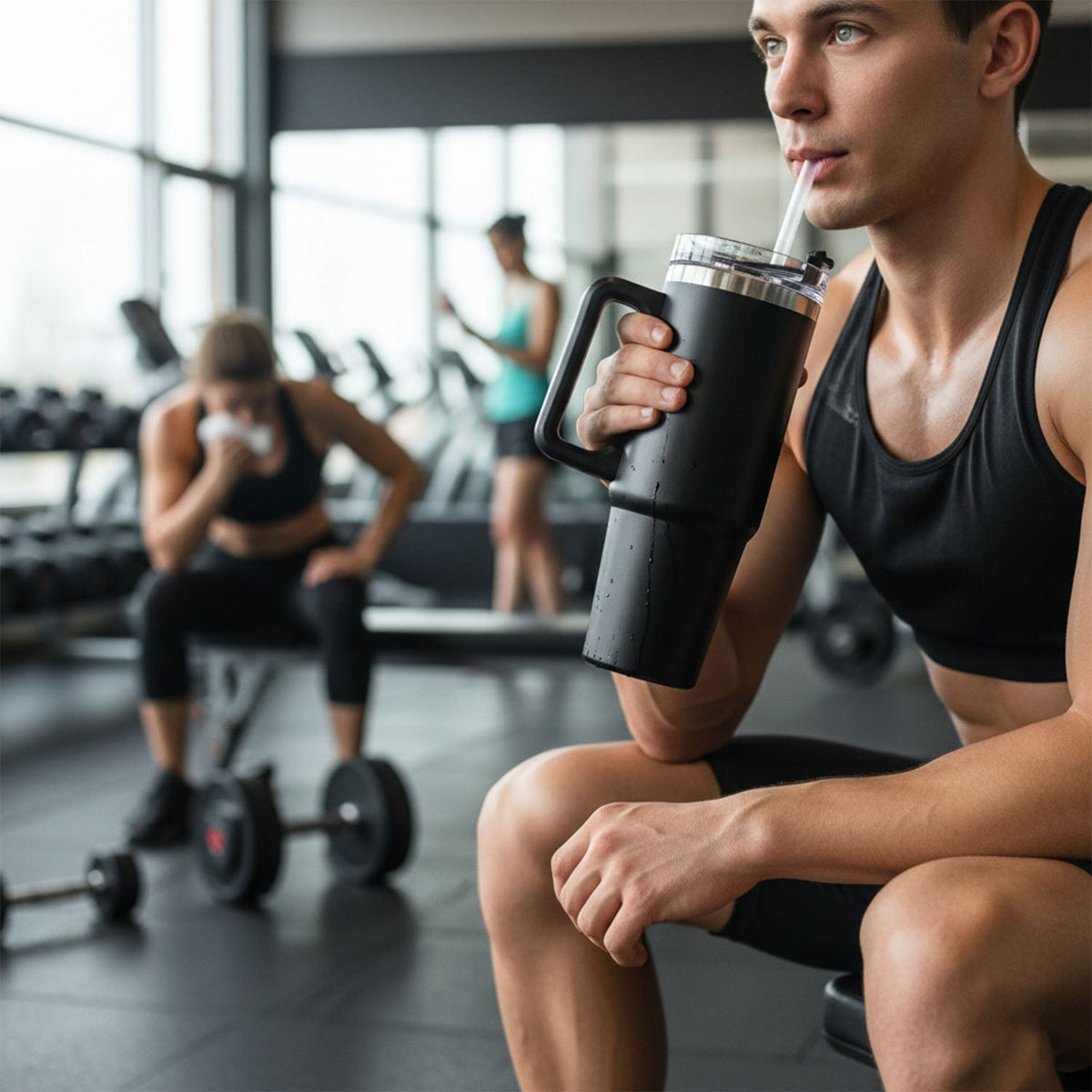 Man in a black tank top drinking from a black insulated travel mug with a straw in a gym setting.