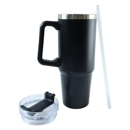 Black insulated travel mug with handle, a clear lid, and a clear straw, all on a white background.