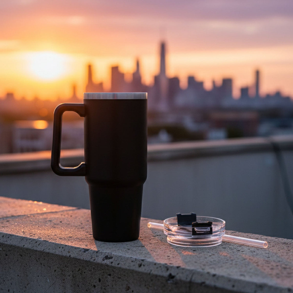 Black insulated travel mug with handle, a clear lid, and a clear straw on a concrete ledge with a city skyline at sunset.