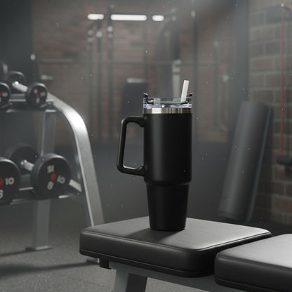 Black insulated travel mug with handle and straw on a gym bench, with weights and gym equipment in the background.