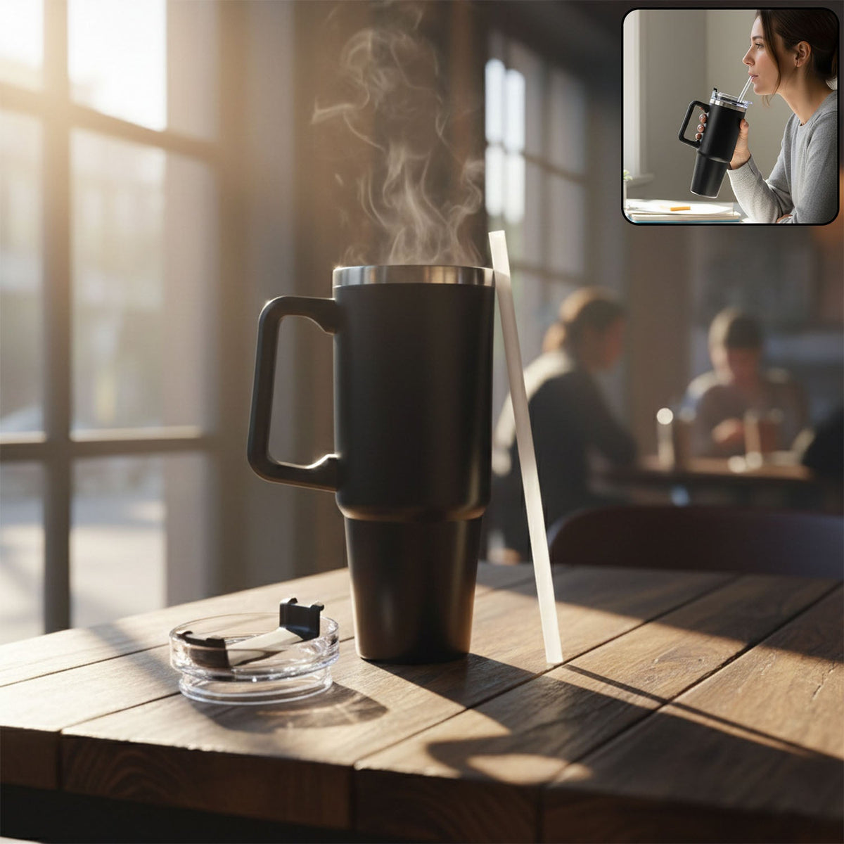 Steaming black insulated travel mug with handle and straw on a wooden table in a cafe, with a woman drinking from a similar