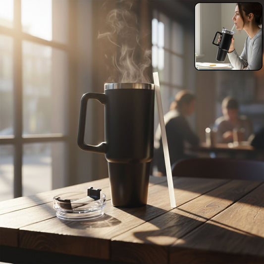 Steaming black insulated travel mug with handle and straw on a wooden table in a cafe, with a woman drinking from a similar