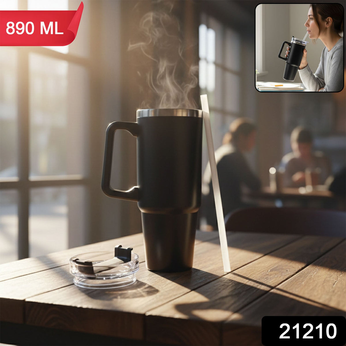 Black insulated travel mug with handle and straw on a wooden table in a cafe, with a woman drinking from a similar mug in an
