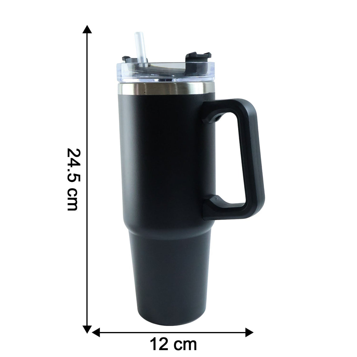 Black insulated travel mug with handle, lid, and straw, with dimensions of 24.5 cm height and 12 cm width indicated.
