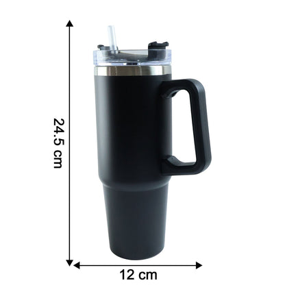 Black insulated travel mug with handle, lid, and straw, with dimensions of 24.5 cm height and 12 cm width indicated.