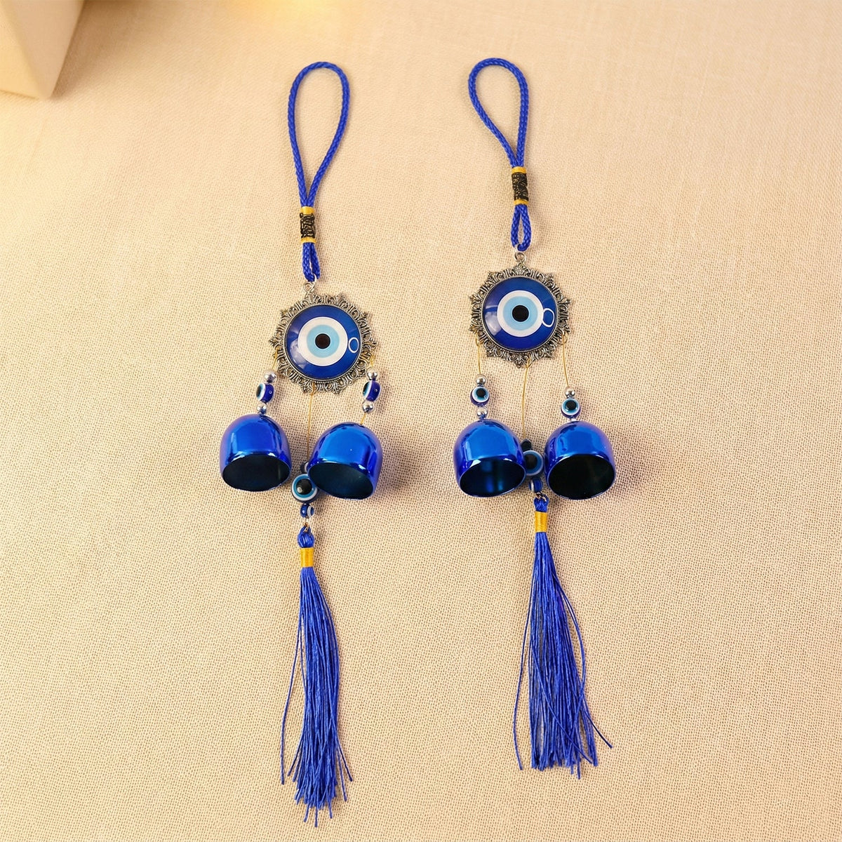 Evil Eye Wind Chime with Bells and Tassels for Home Decor (2 Pc Set)