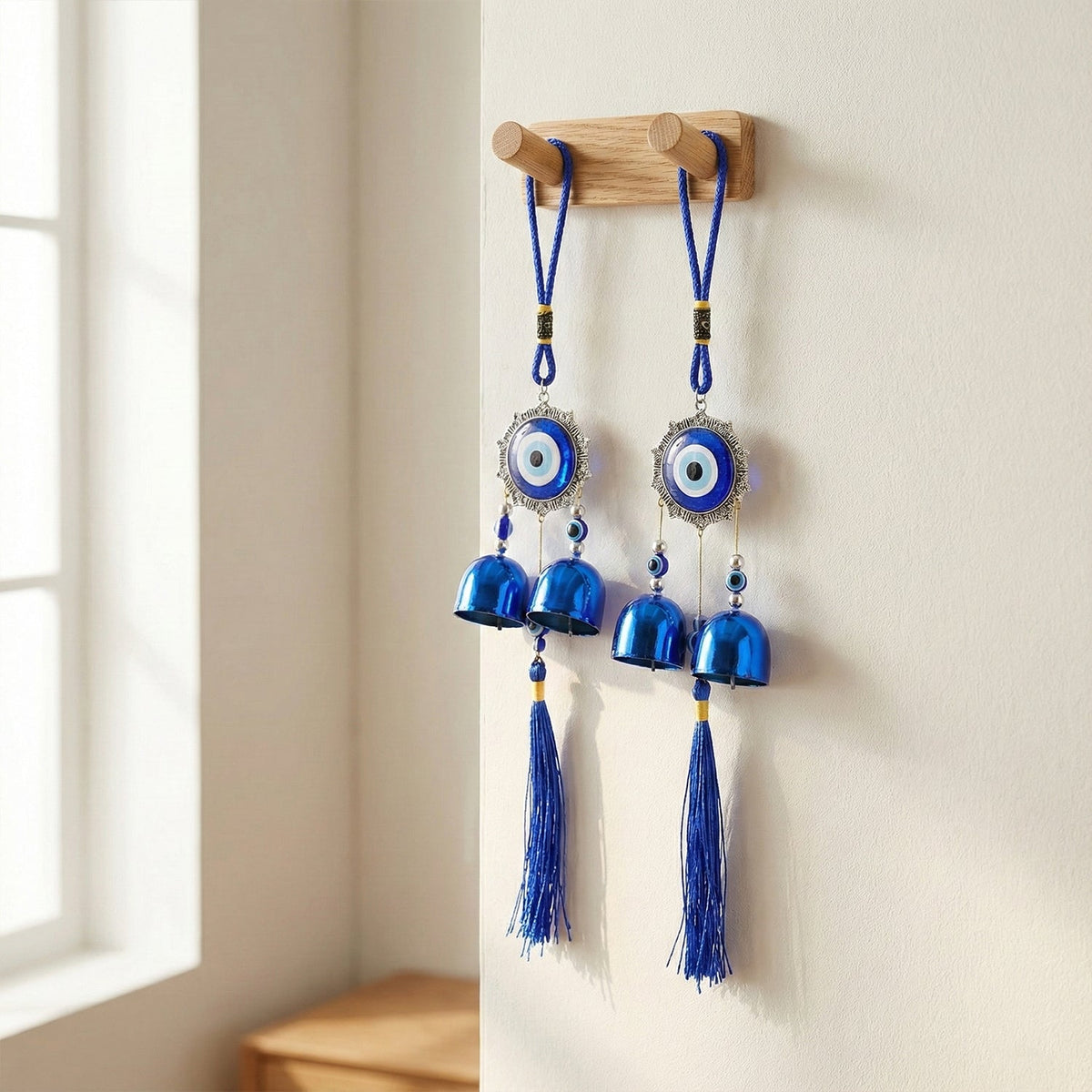 Evil Eye Wind Chime with Bells and Tassels for Home Decor (2 Pc Set)