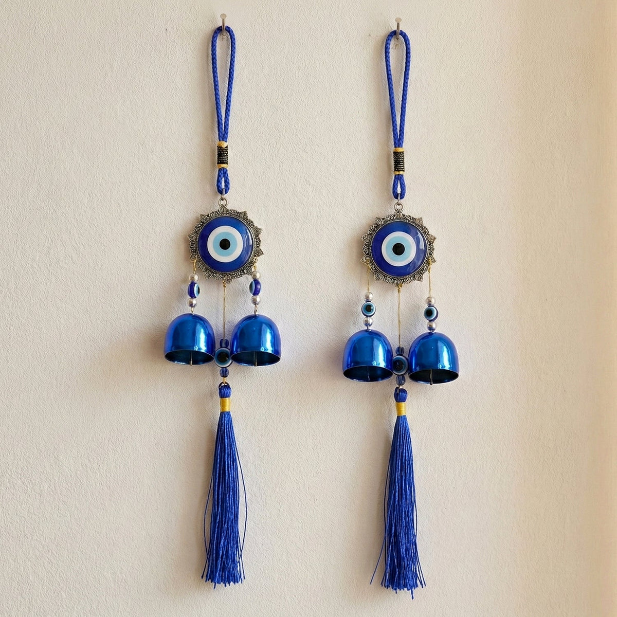 Evil Eye Wind Chime with Bells and Tassels for Home Decor (2 Pc Set)