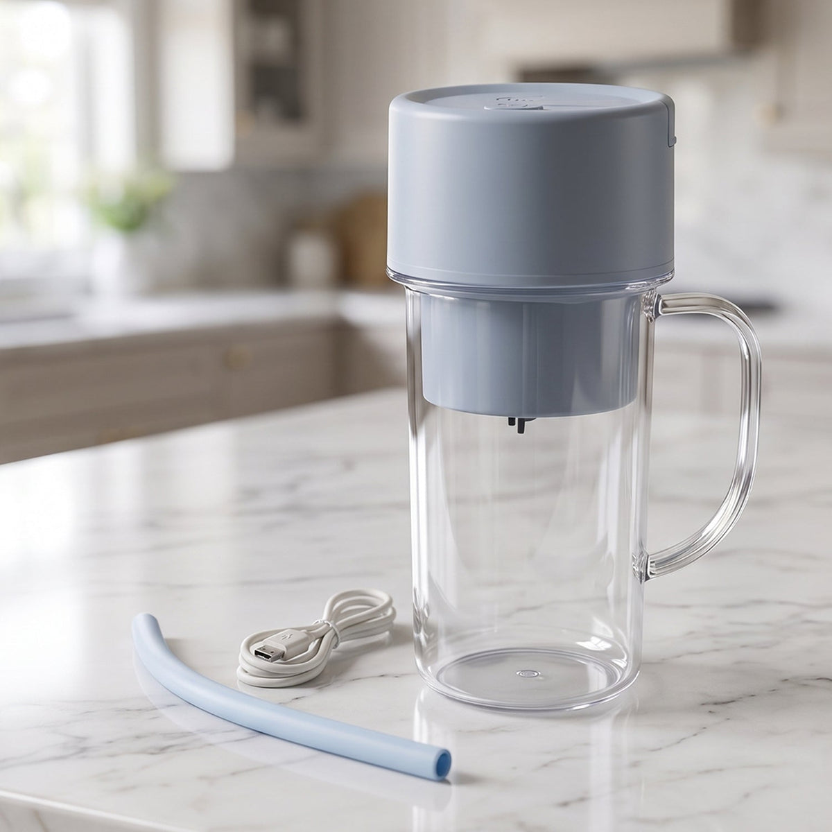 A clear portable blender with a light blue top, a blue straw, and a white USB cable rest on a kitchen counter.