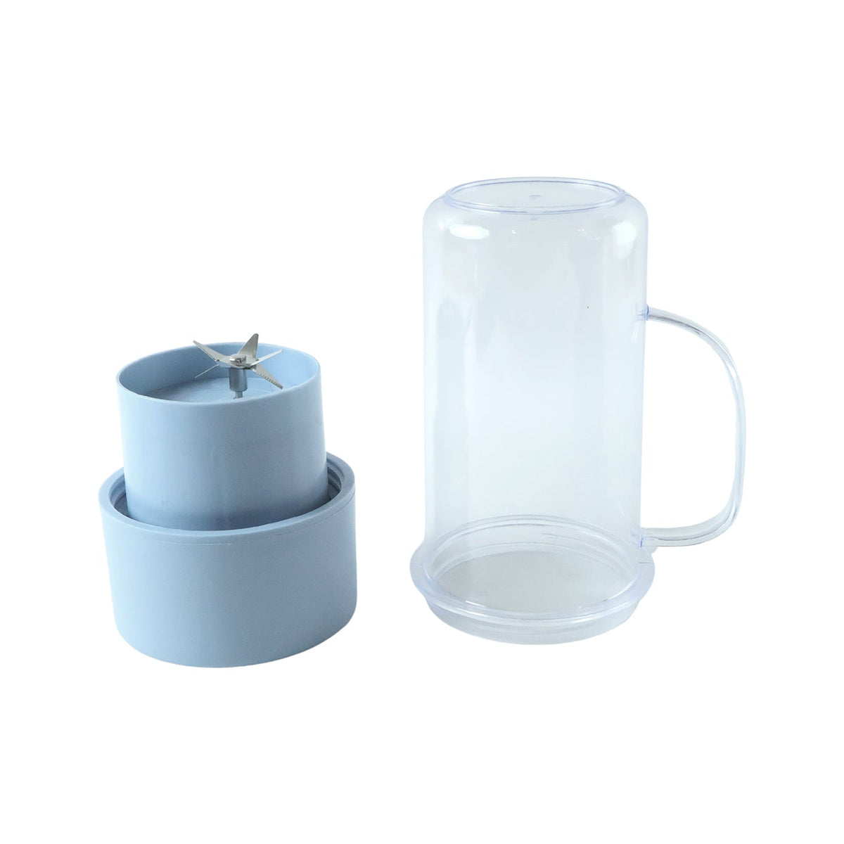 The light blue blender base with a silver blade and a clear plastic mug with a handle are separated.